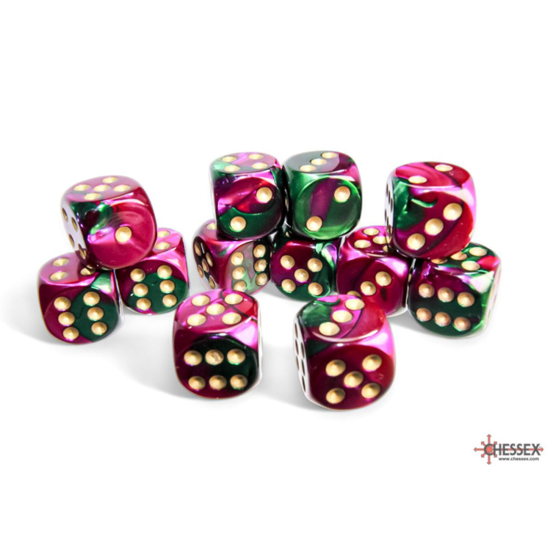 CHX 26634 Gemini Green-Purple/Gold 16mm d6 Dice (12)