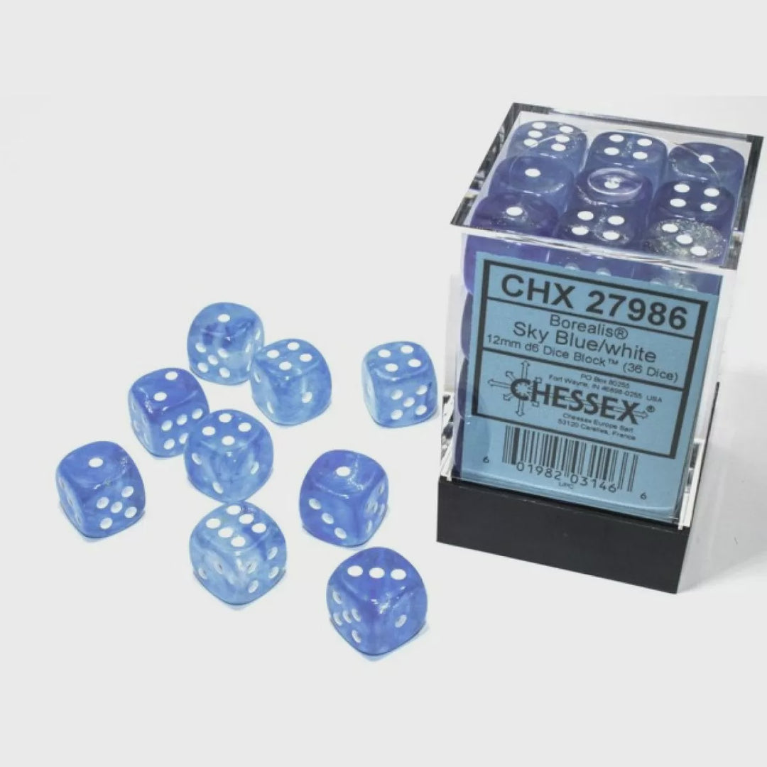 CHX 27986 D6 Dice Borealis 12mm Sky Blue/White Dice Block (36 Dice)