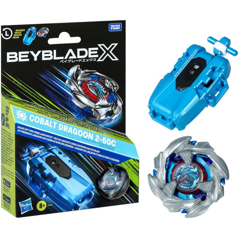Beyblade X Cobalt Dragoon 2-60C Deluxe Left-Spin String Launcher Set