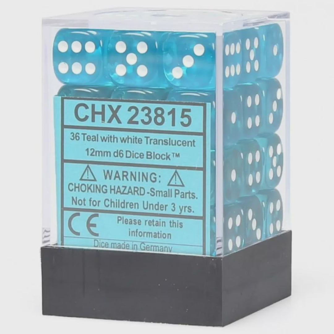 CHX 23815 Translucent 12mm d6 Teal/White Block (36)