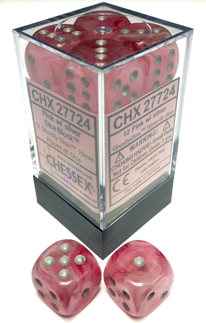CHX 27724 Ghostly Glow - Pink/Silver  12D6 16MM DICE